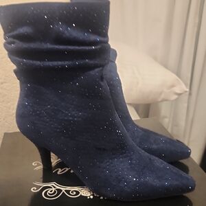 New Sparkling Navy Heeled Boots 3"heel & Spare Heels